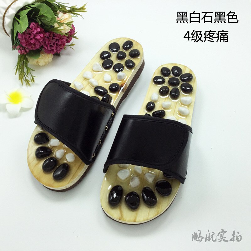 Pebble agate naturlig massasje sko svart og hvit stein punkt massasje tøfler sklisikker helse fot sko: Svart / 10