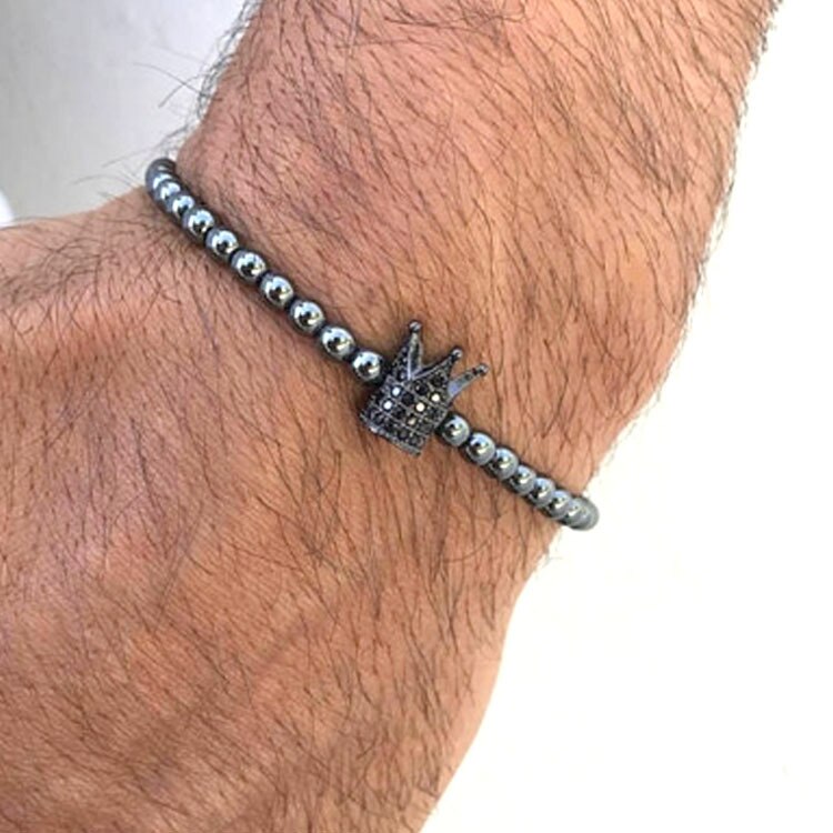 Bracelet porte-bonheur avec tête de léopard en hématite, 6mm, perles, pour hommes