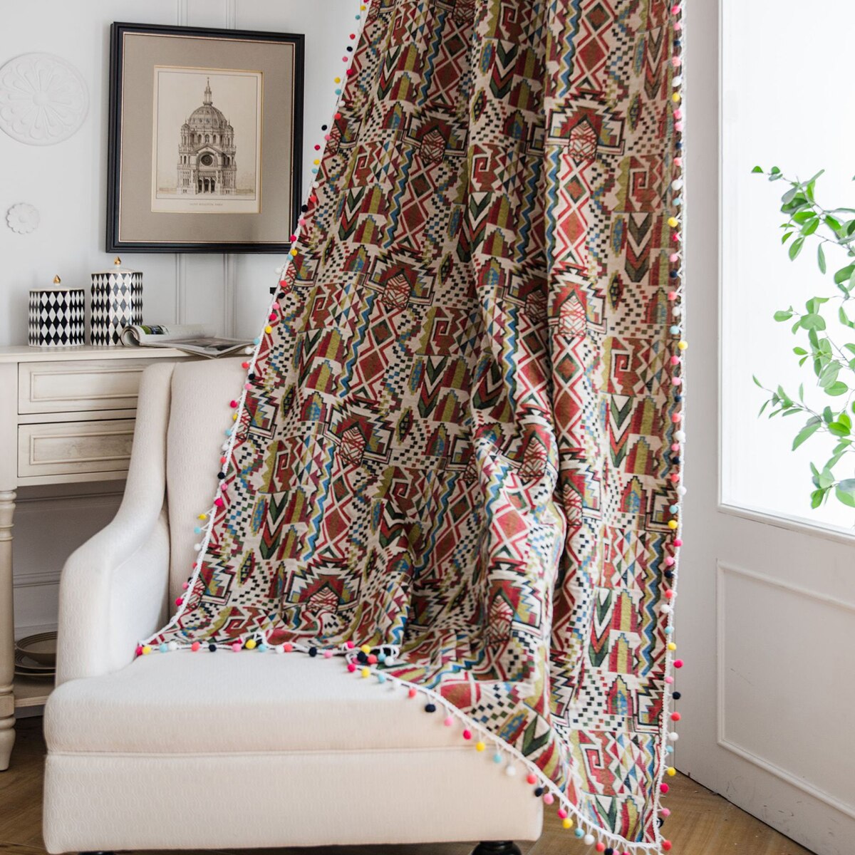 Cortina de lino y algodón con estampado, borlas bohemias para el hogar, cocina, ventana, sala de estar y dormitorio, suministros de decoración D30: 150x160cm