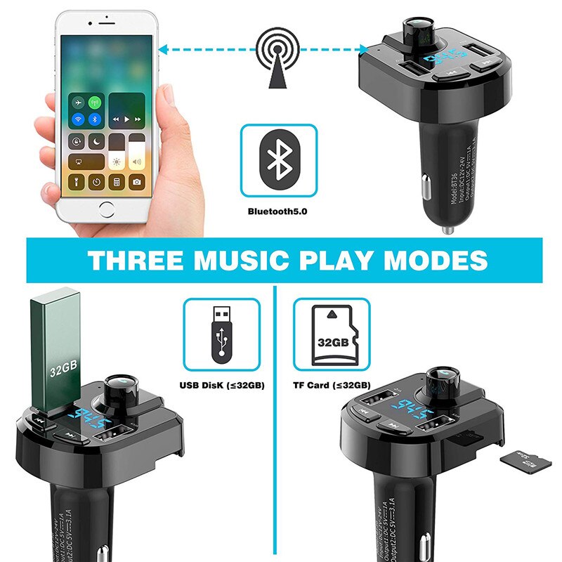 Car Charger Bluetooth 5.0 FM Transmitter Handsfree Car MP3 Player USB Charge for Xiaomi Redmi Note 8 Pro Phone Accessories