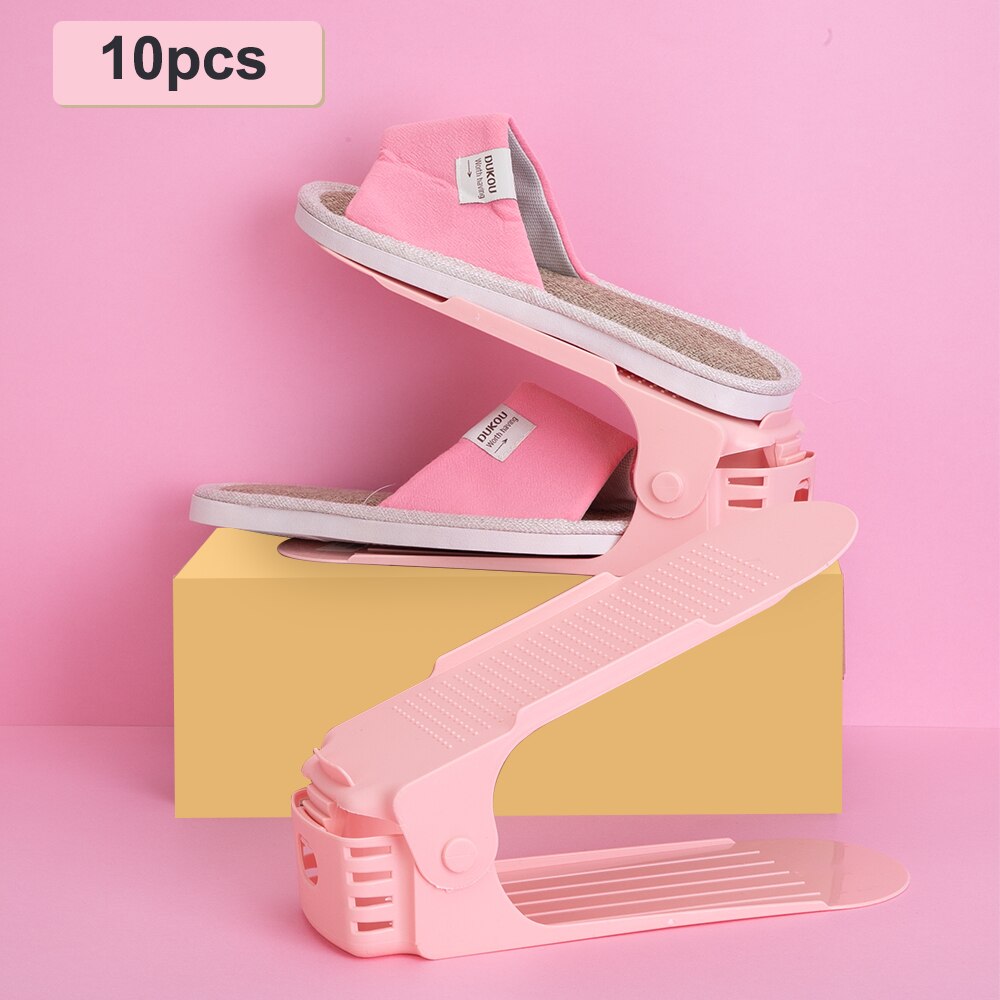 10pc Double Layer Adjustable Shoe Rack Organizer ShoeBox Footwear Support Slot Save Space Closet Shoes Storage Rack Stand Shelf: 10pcs-pink