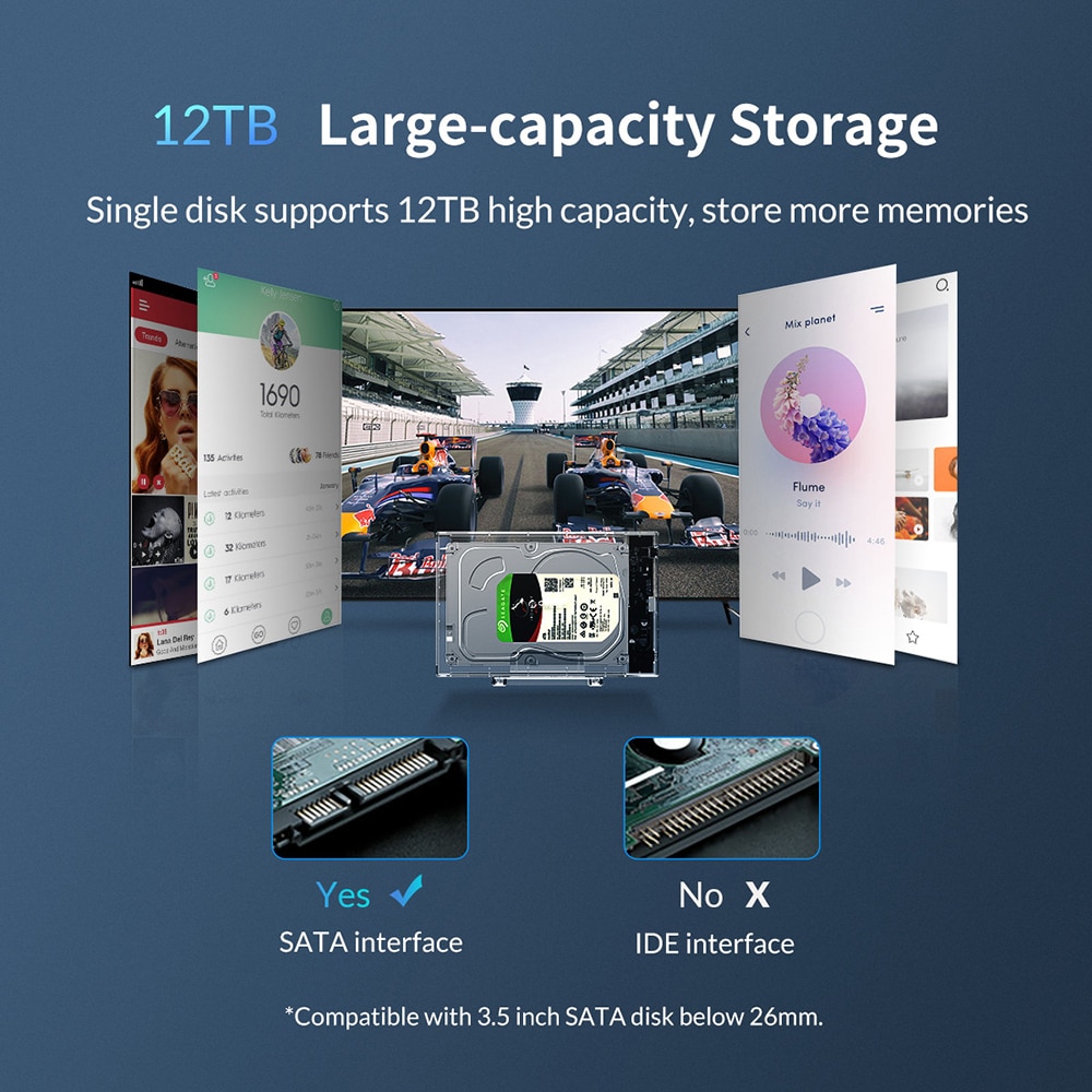 ORICO Transparante HDD Behuizing 3.5 SATA naar USB3.0 Externe Harde Schijf Case Box met Houder 12V2A Power Adapter Ondersteuning 12TB Max