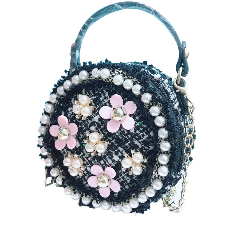 Children Kids Girls Cute Flower Pearl Round Princess Handbag Shoulder Messenger Bag Cross Body Bag: Round Black