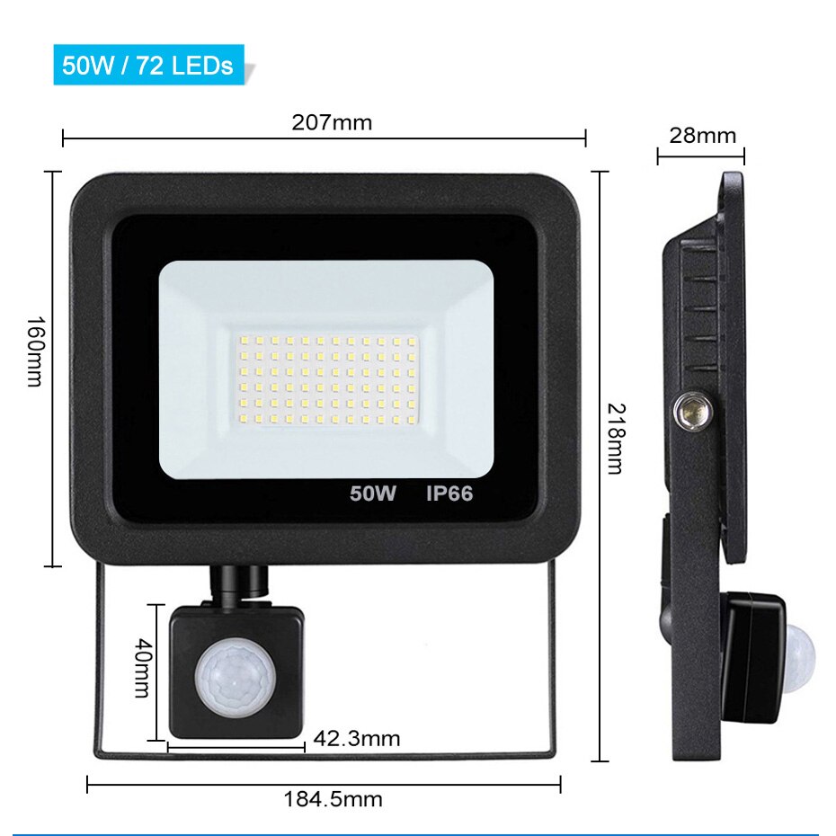PIR Motion Sensor LED Flood Light 10W 20W 30W 50W 220V Floodlights Lamp IP66 Waterproof Reflector Projector Outdoor Spot Light: 50W