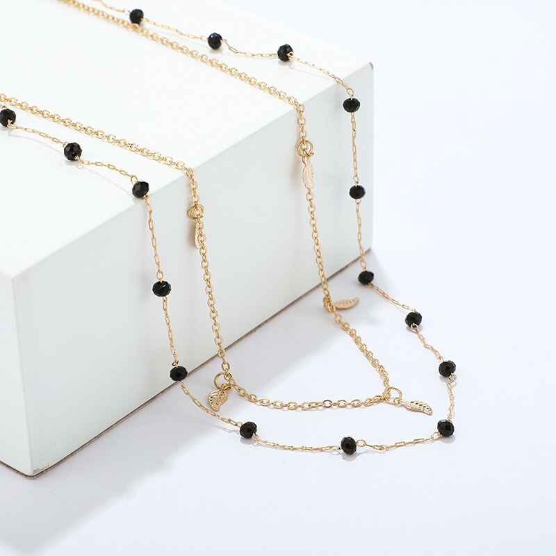 Dubbele Gelaagde Ketting Vrouwen Kwastje Charm Choker Ketting Zwarte Kralen Bohemian Ketting Metalen Goud Kleur Party Fe