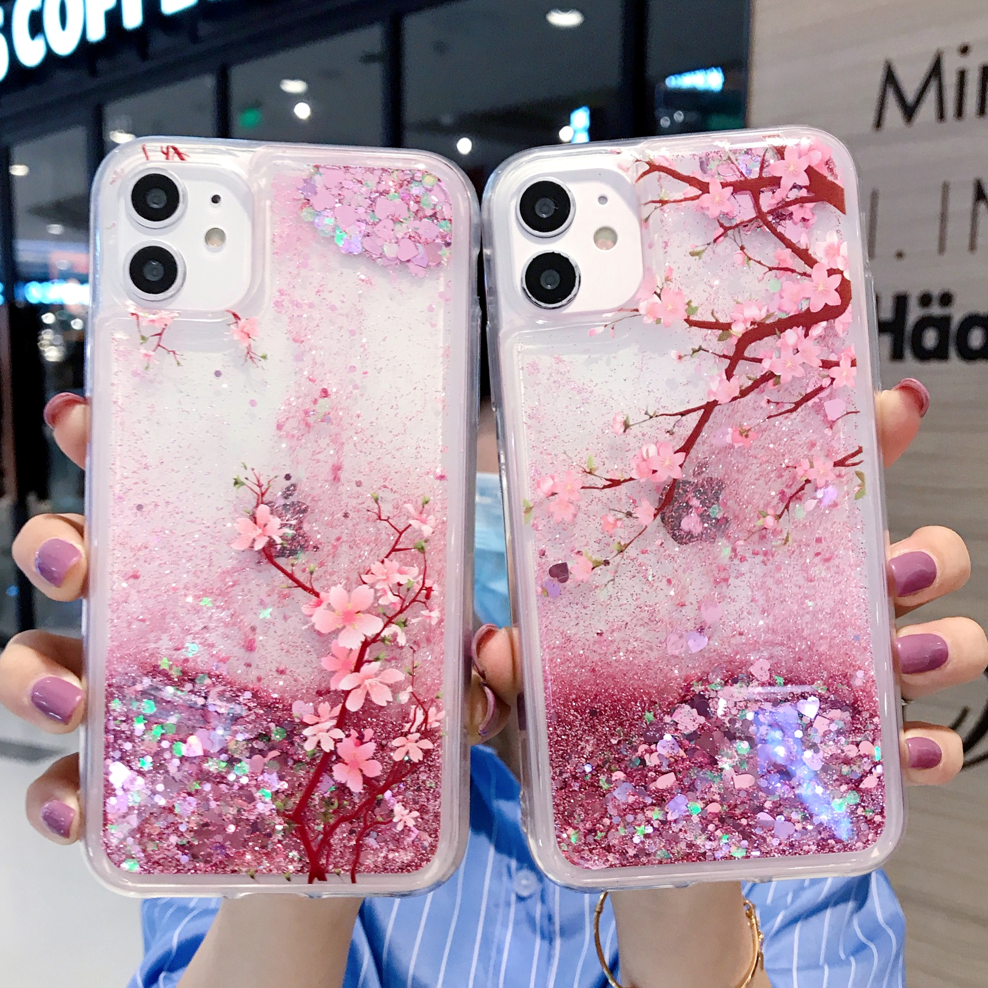 Pink flydende kviksand cover til samsung galaxy  s24 s23 s22 s21 plus  s20 fe s25 ultra  a54 a55 glitter blomster bling klart tpu cover