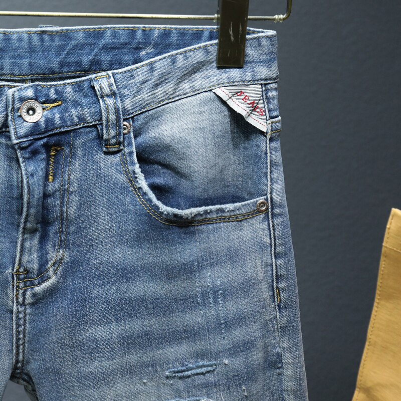 Pantalones cortos clásicos de mezclilla para hombre, Jeans deshilachados, elásticos, deshilachados, de cinco puntos, ropa de calle, novedad de verano