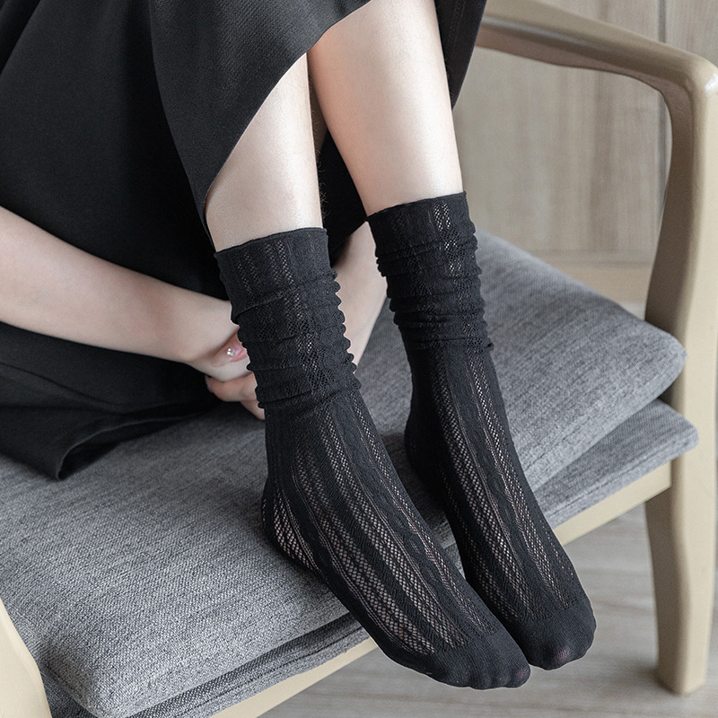 Lolita Sweet White Pile Socks para Mulheres, Mesh Fishnet, Thin Nylon Silk, Retro Flower Lace, Ladies Hollow Transparent Crew Socks: Verde