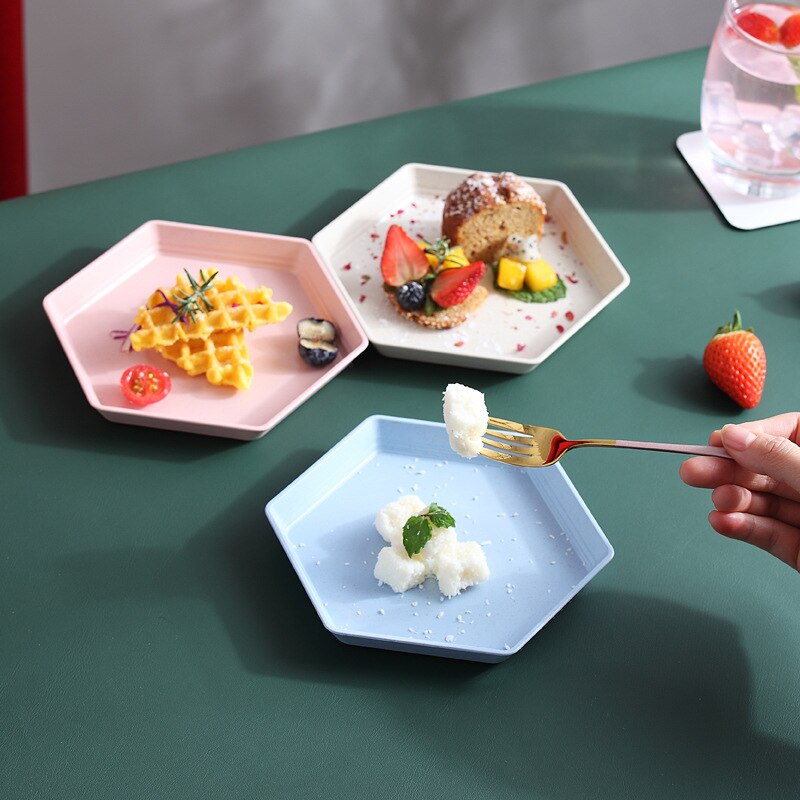 Plateau épais en paille de blé, assiette hexagonale, Snacks de fête, Biscuit, bonbons, gâteau, assiette de fruits, cuisine multifonctionnelle plateau d'assiette naturelle