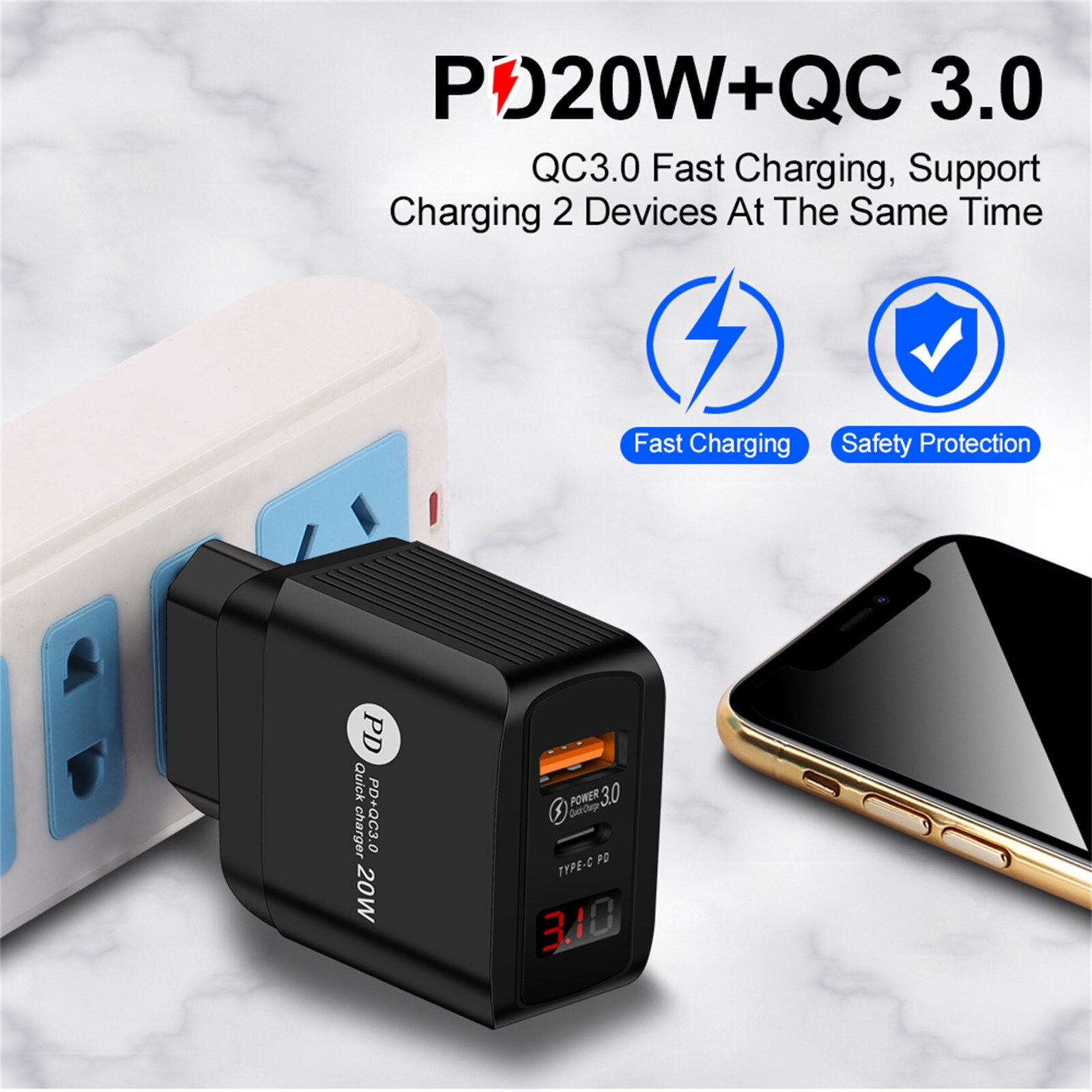 20W Smart Digital Display Is Suitable For Apple Android Multi-port USB Charger