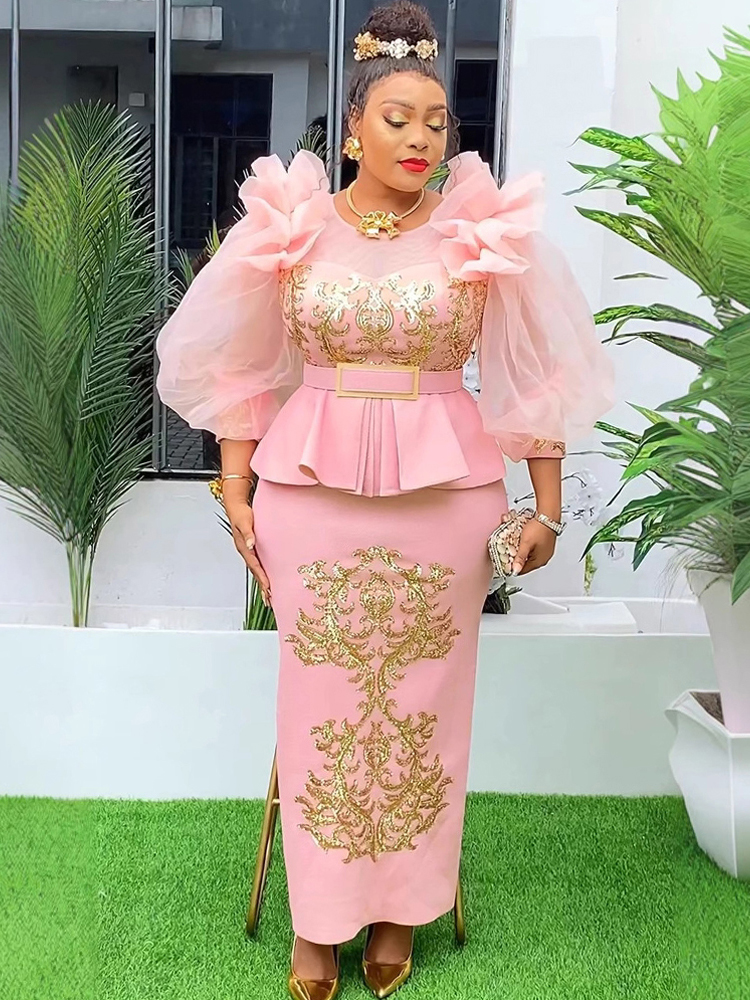 Sommarfestklänningar damer lyxiga bodycon maxi-badrock puffärmade klänningar afrikanska kläder bröllopsbalklänningar: Xxl / Rosa