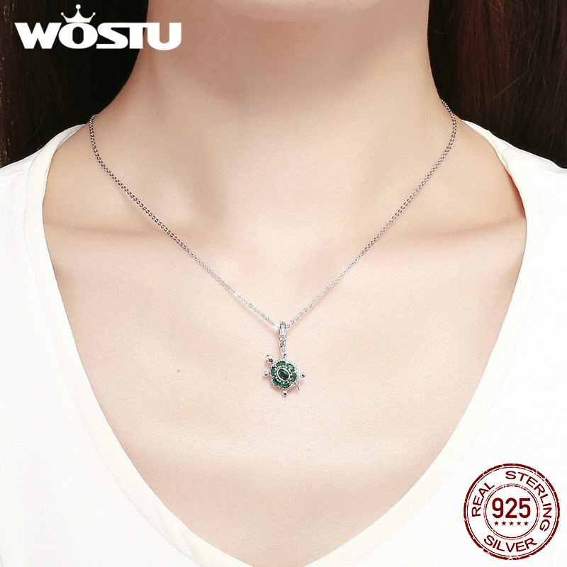 WOSTU 100% 925 Sterling Silver Green Turtle Charm Fit Bracelet & Necklace Pendant Lovely Animal Jewelry CQC1017