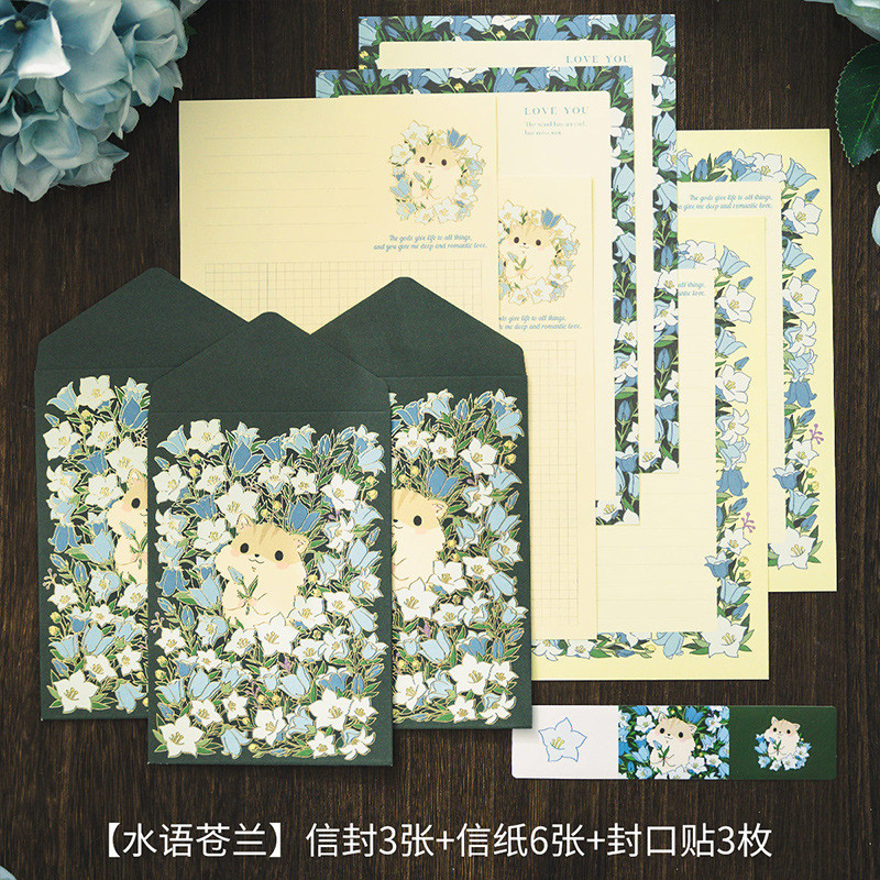 Stationery Papers and Envelopes Set Includes 3 Stationery Envelopes 6 Stationery Writing Paper with 3 Colorful Label Stickers: Blue