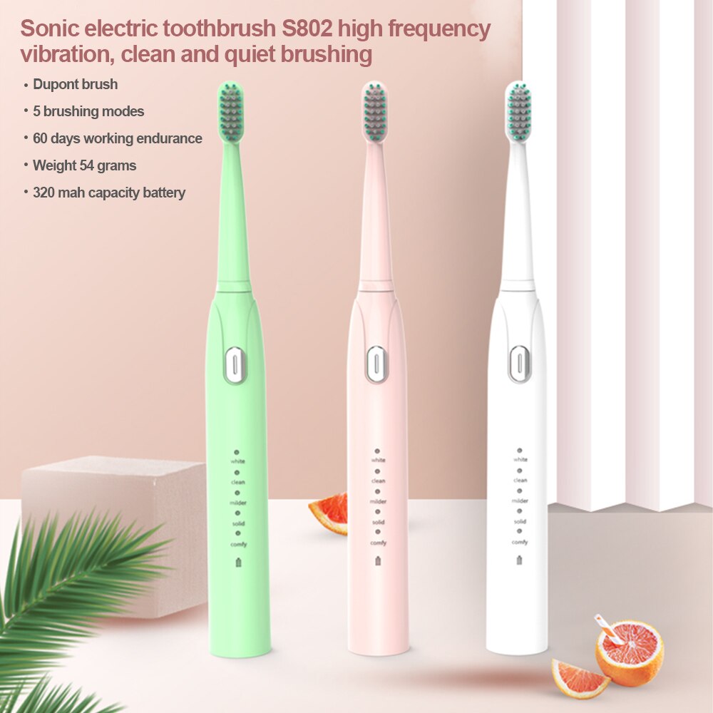 Brosse à dents électrique à ultrasons, haute fréquence, faible bruit, 5 modes réglables, étanche, rechargeable par usb