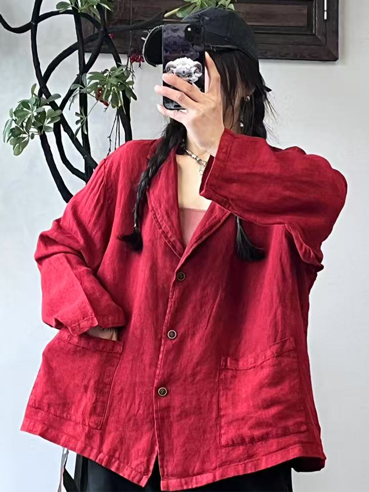 Amaxlulue sommar koreansk kavaj dam löst sittande linnejackor damer vintage casual ytterkläder lyxiga bomullskappor: Röd