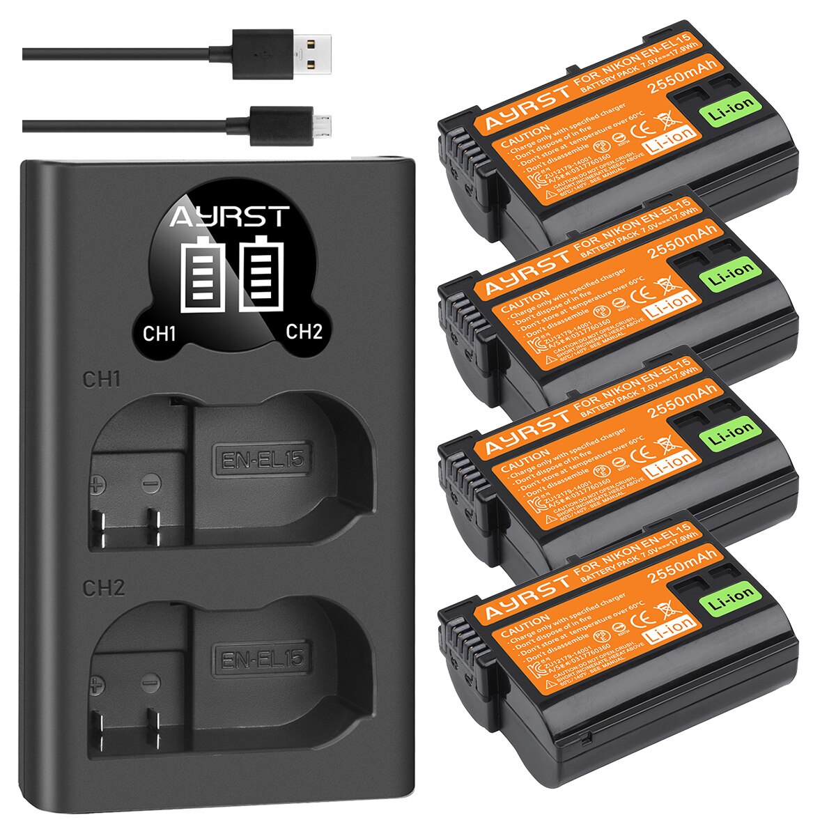 2550 mah en -el15 el15a batteri / dubbel laddare för nikon  d500 d600 d610 d600e d750 d800 d800e d810 d850 d7000 d7100 d7200 z6 z 7: 4 batterier och 1 laddare