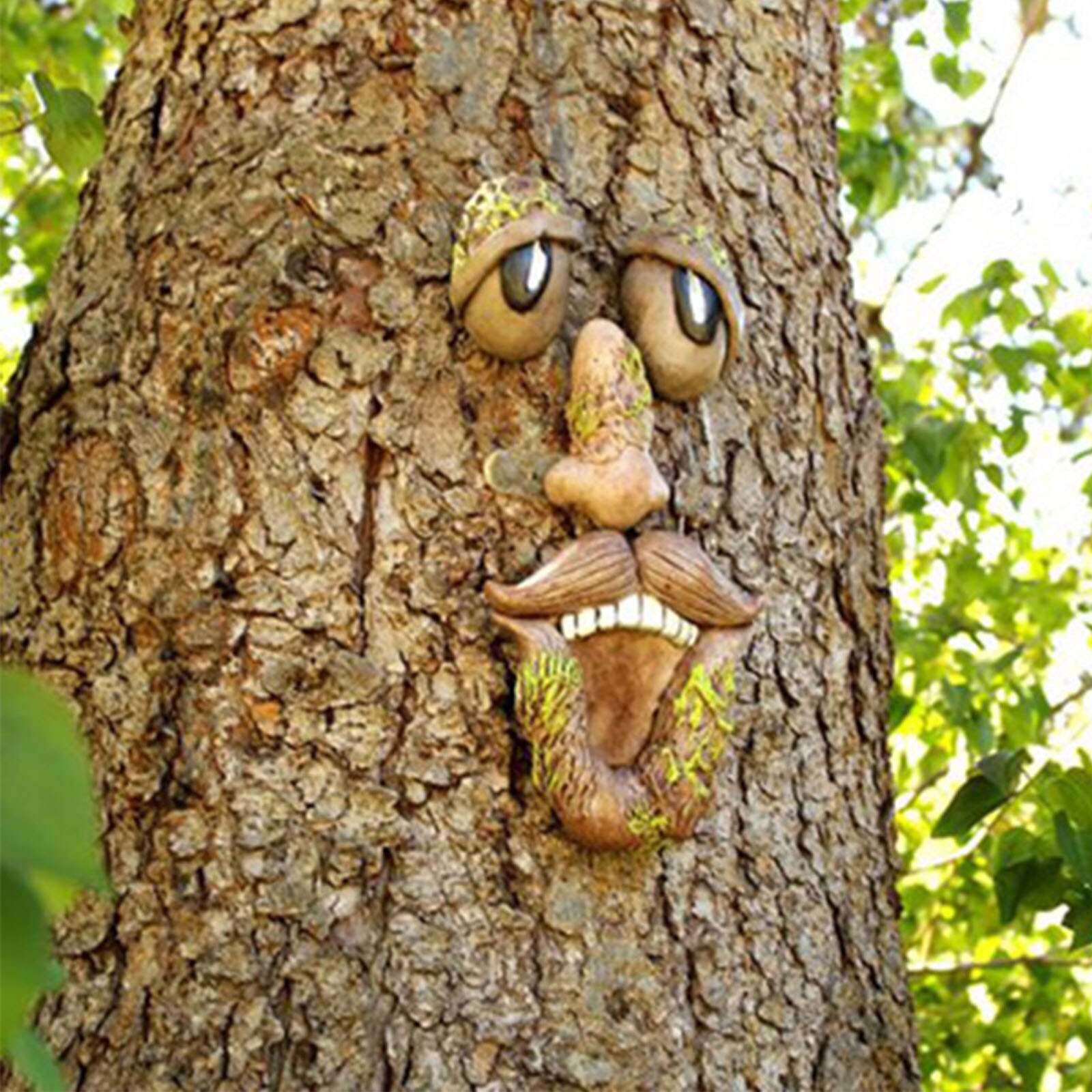 Træ ansigter indretning påske dekorationer gammel mand træ ansigt skulptur bark ansigtstræk have kigger gård kunst udendørs dekoration