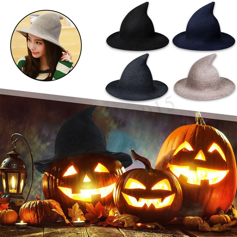 Foldable Womens Magic Wizard Witch Hat Halloween Party Wool Blend Knitted Cap