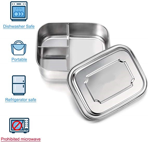 Stainless Steel Bento Lunch Box Containers with 3 Compartments , Metal Lunch Box for Kids or Adults BPA Free