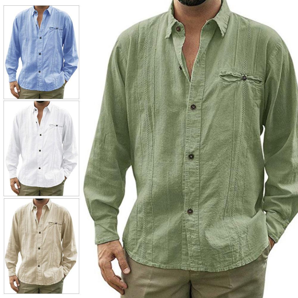 Sommar herr plus size 3xl skjortor män casual enfärgad långärmad nedfälld krage knapp skjortan i bomull linne