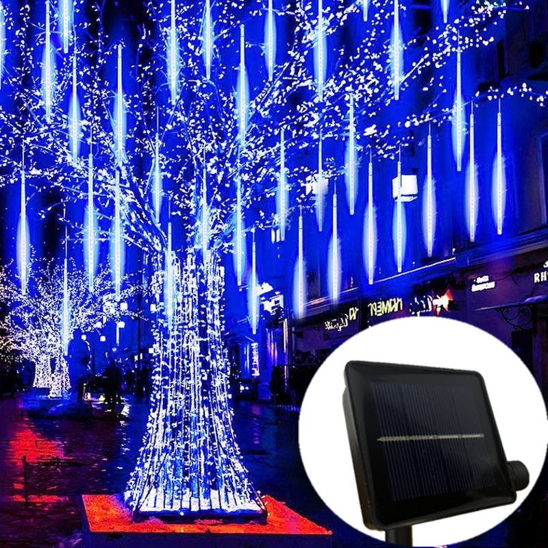Guirlande lumineuse Led, décoration extérieure de noël pour arbre de jardin, 8 tubes 30/50cm, pluie de météores solaire, lumière féerique de: Bleu / 6-10W