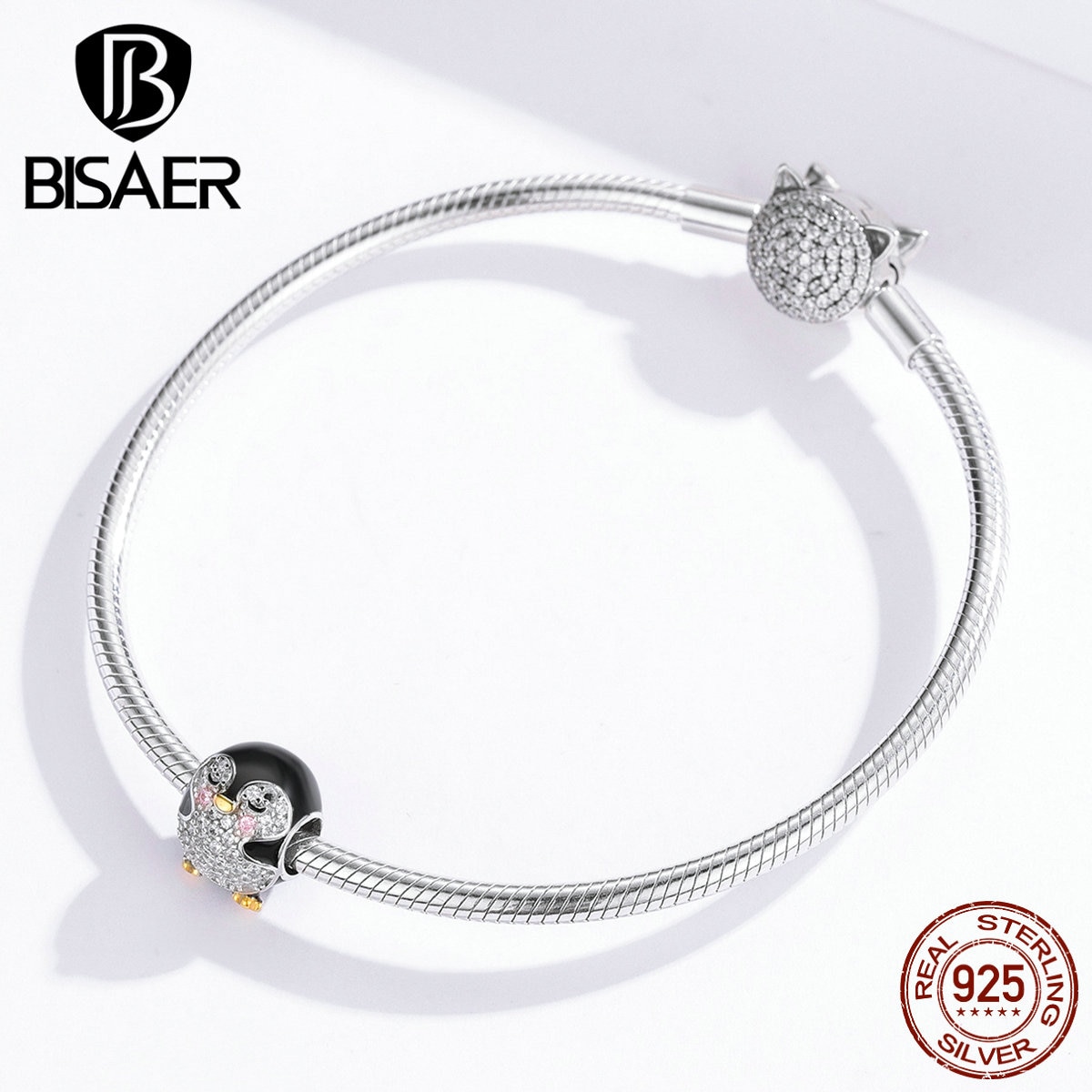 Pingüim jóias bisaer 925 prata esterlina sorte pingüim encantos apto para contas pulseiras zircão cúbico diy jóias fazendo efc126