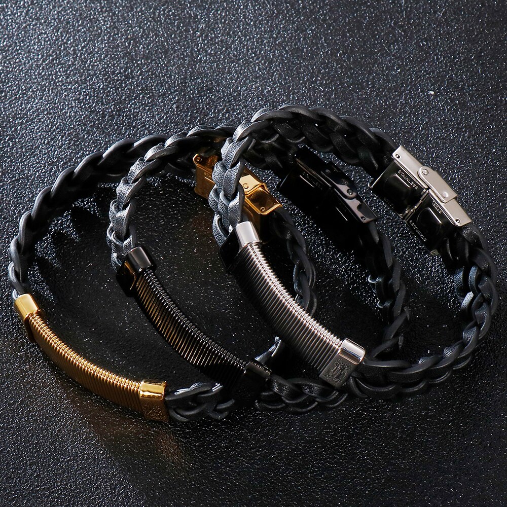 Vintage sieraden, gouden roestvrijstalen polsbandjes voor jongens, 13mm brede gevlochten leren armbanden voor mannen, zwarte armbanden