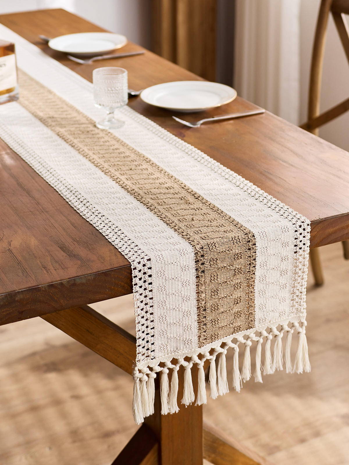 Bohemisk bordslöpare för heminredning makramé krämfärgad och brun bordslöpare i lantlig stil med tofsar för bohemisk matsal och sovrumsinredning: 30*220cm / Champagne