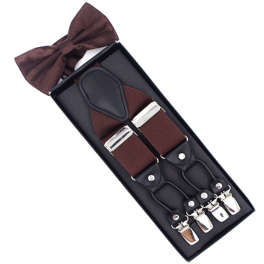 JIERKU Suspenders Set Man&#39;s Braces with Bow Tie 6 Clips Suspensorio Trousers Strap Father/Husband&#39;s TZBD001