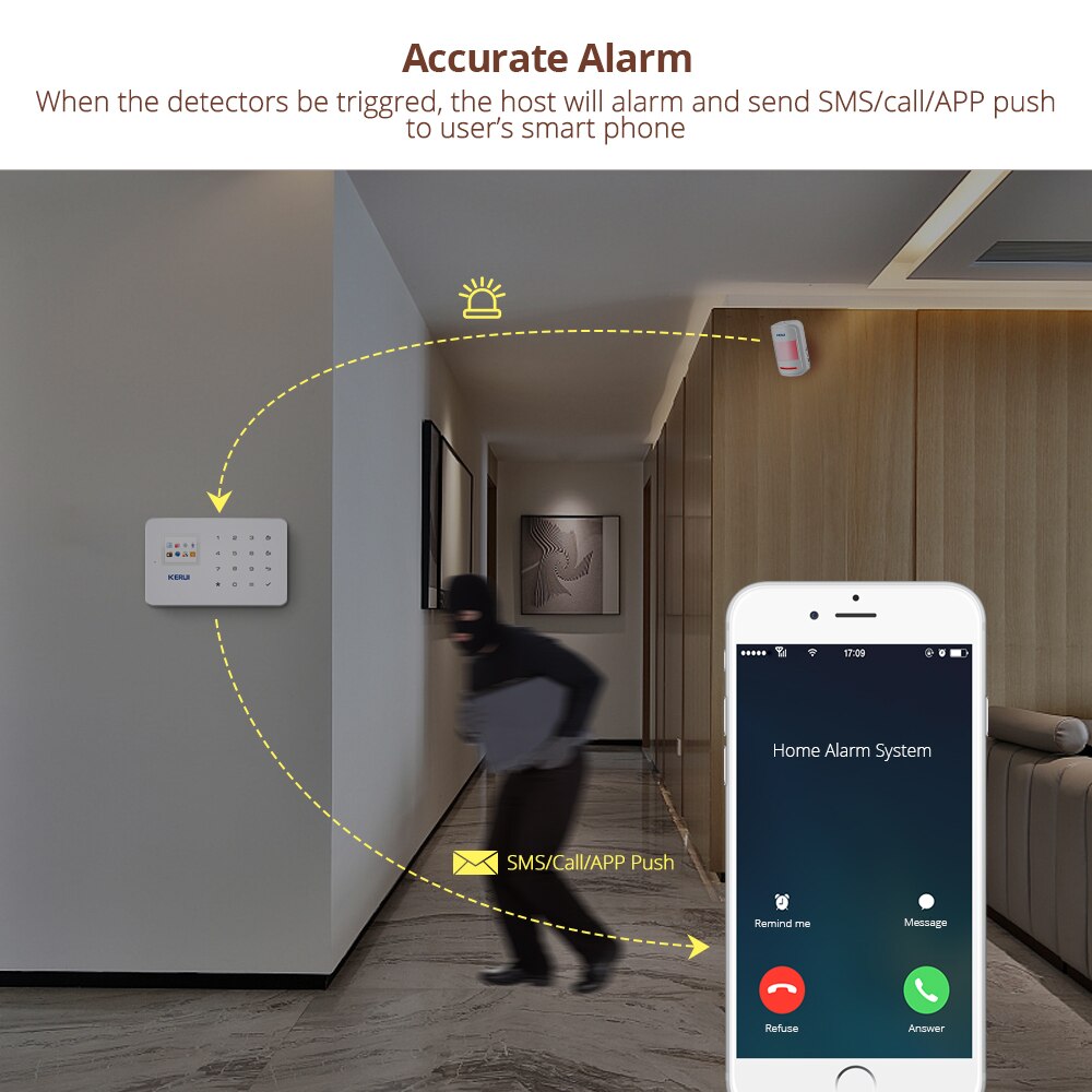 KERUI-alarma GSM DE SEGURIDAD G18 para el hogar, sistema de alarma antirrobo de Color negro, aplicación de Control remoto para Android e IOS