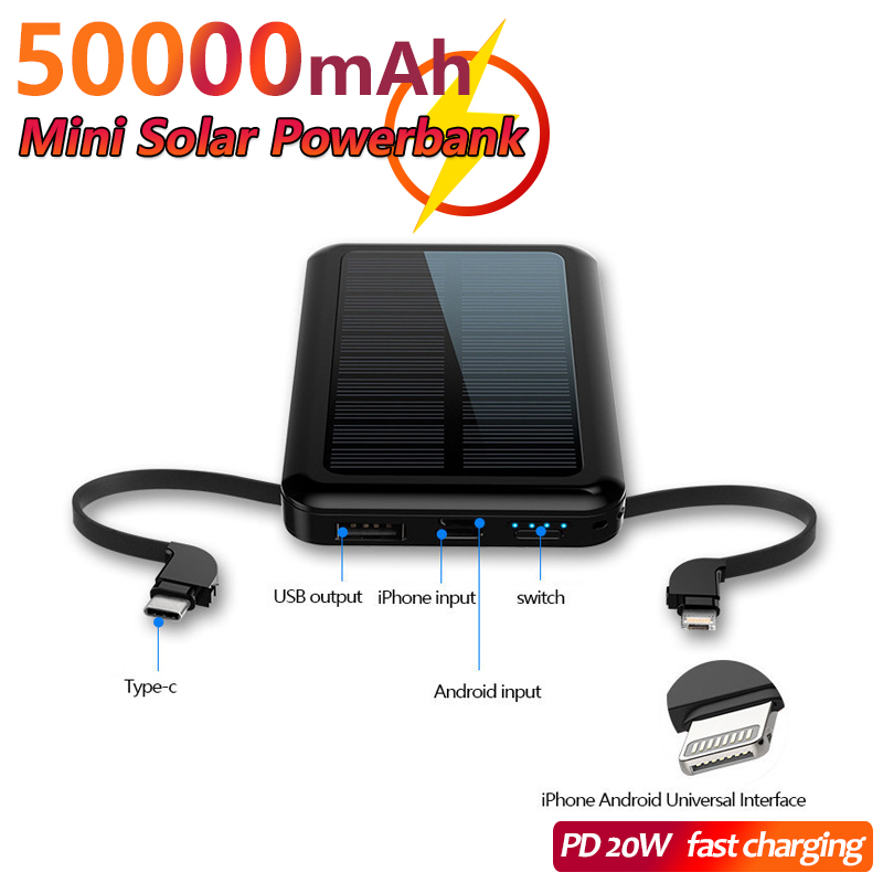 Wasserdichte 50000- mah-solar-powerbank mit integriertem ladekabel, tragbarer mini-akku, geeignet für smartphones und tablets