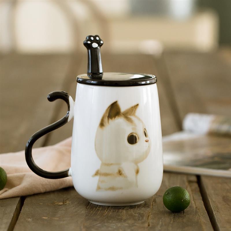 Cute Big 450ML Cat Pattern Ceramic Coffee Mug With Spoon And Cover Healthy Office And Home Use Cat Coffee Mug