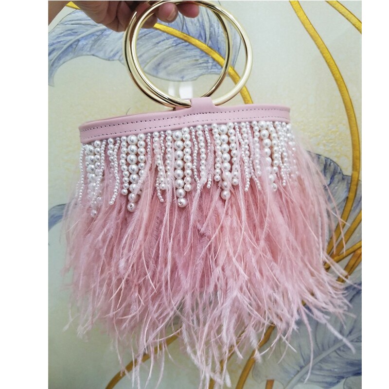 Luxury Ostrich Feather Wedding Purses and Handbags for Women Bucket Tote Pearl Fringe Party Chain Shoulder Bag: pearl pink