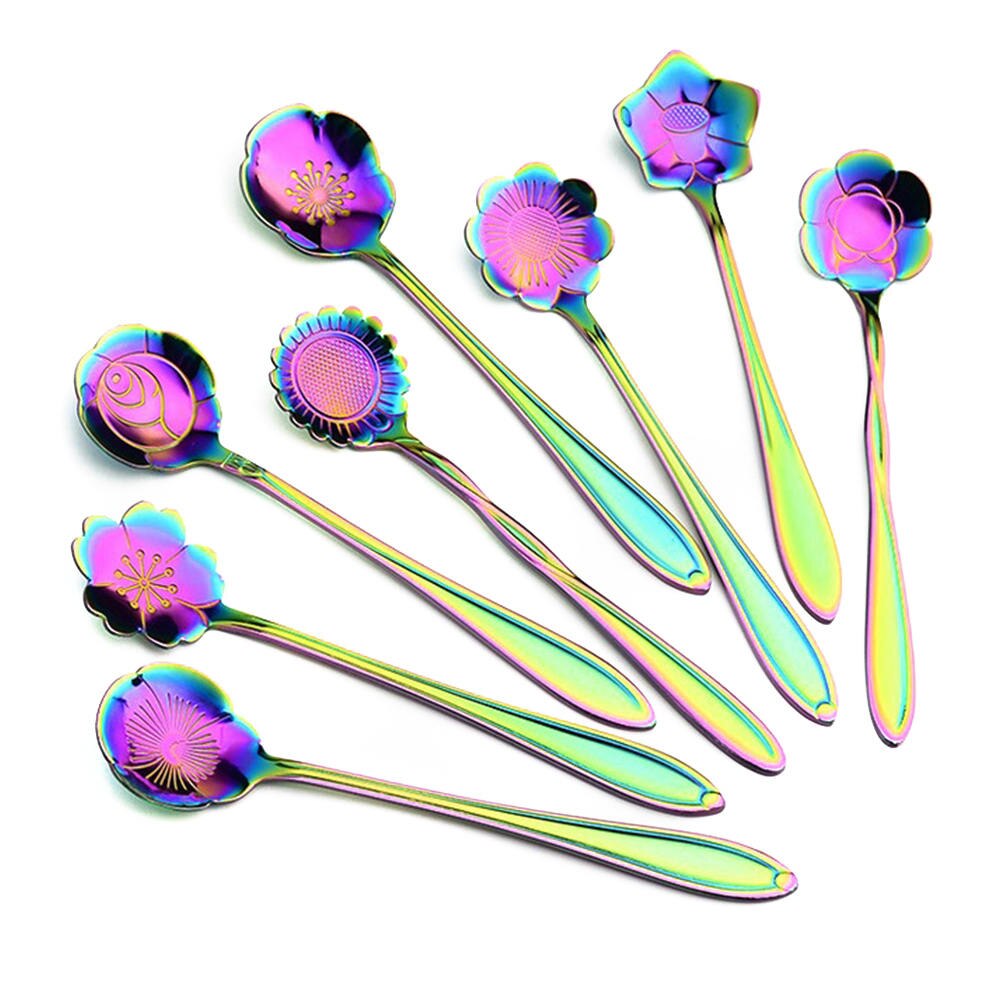 8 Pieces/Set Flower Shaped Spoon Dessert Coffee Stirring Scoop Long Handle Mini Dessert Spoons Tableware Decor: Multi