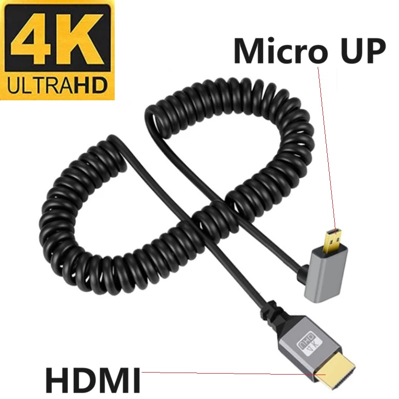 4K HDMI kabel sprężynowy z męskiego na męskie lewego prawego w górę w dół Mini Micro hdmi zwinięty przedłużacz elastyczny kabel spiralny podłącz kabel HDMI: Khaki