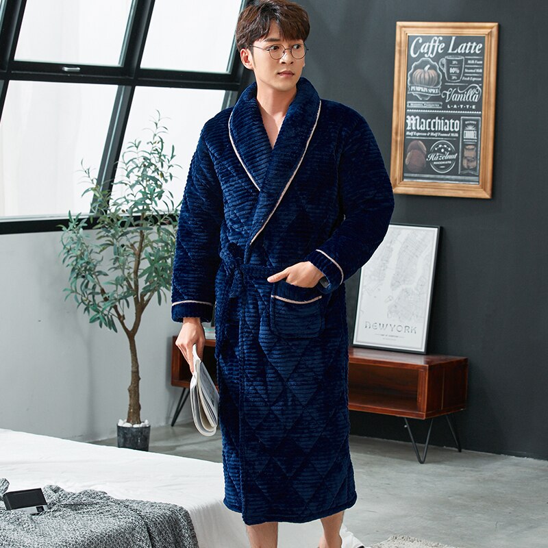 Winter 3 Layers Thick Bath Robe Men Bathroom Robe Bathrobe Male Quilted Pajamas Thick Long Spa Robe Shower Homewear Coral Fleece