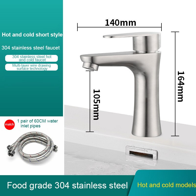 304 Stainless Steel Bathroom Faucet Basin Faucet Toilet Washbasin Single Cold Water Tap Bathroom Accessories: Hot cold short pipe