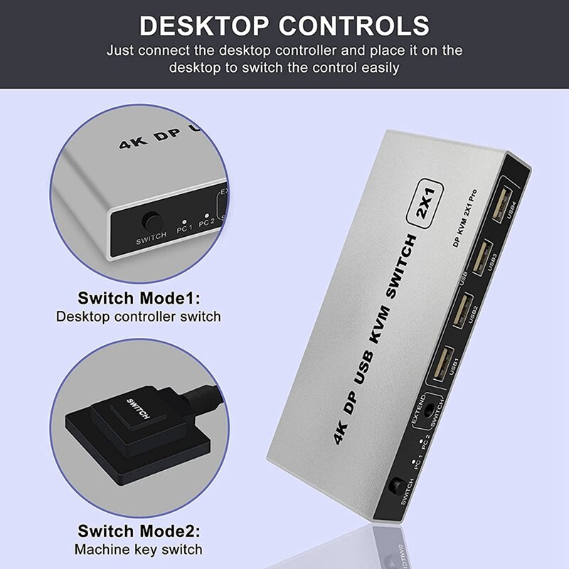 DP KVM Switch 2 in 1 Out Ultra HD 4K 60Hz DP USB KVM Switch 2X1 2 in 1 Out Computer Sharing Device for Pc
