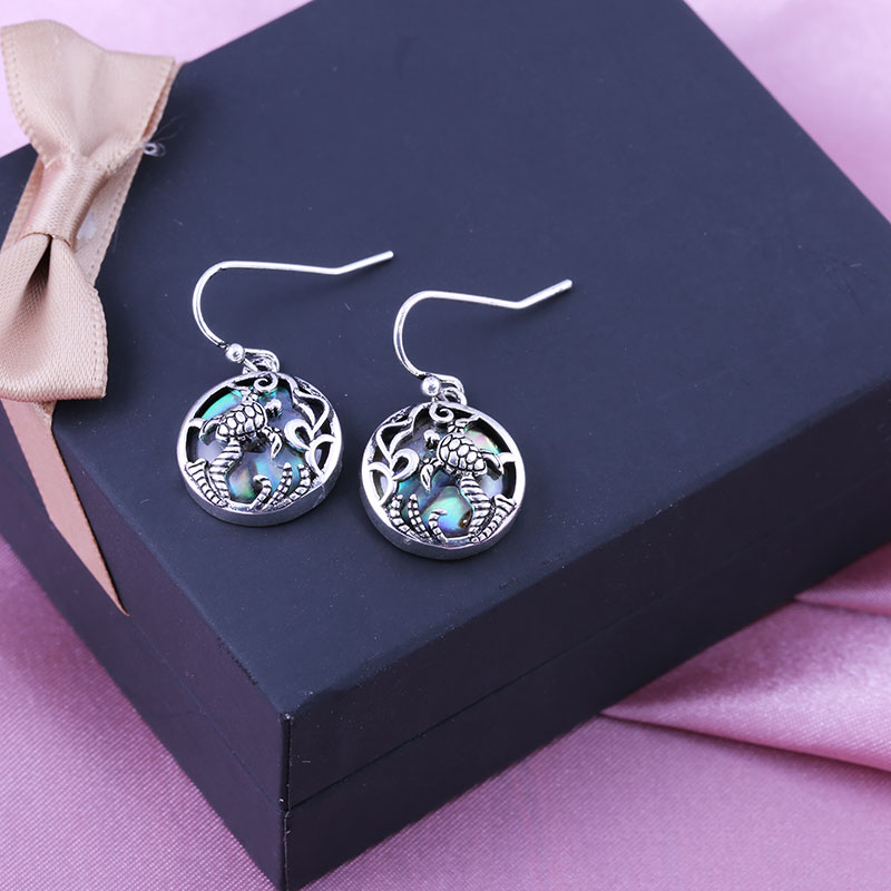 Huitan Cute Turtle Earrings Old Vintage Round Shaped Pendant Earrings Traditional Ethnic Accessories For Women