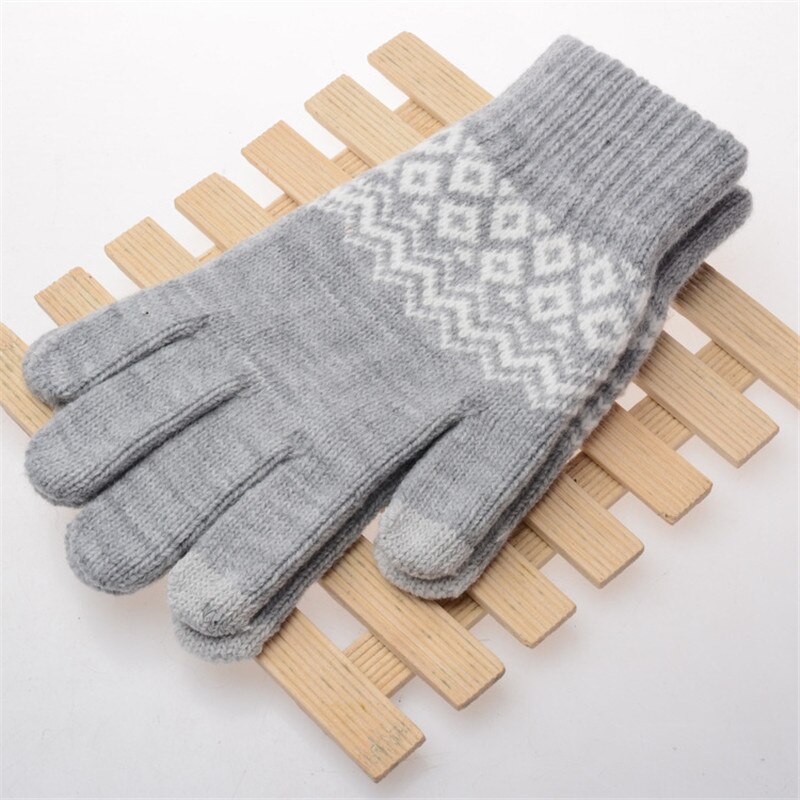 Vinter varme berøringsskærm handsker udstyret uldne vanter mænd kvinder cashmere geometriske crinkle handsker touch luvas: Grå
