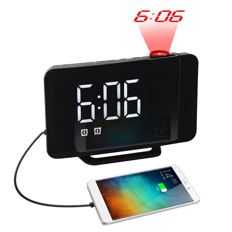 Fm-radio led digital smart väckarklocka klockbord elektroniska skrivbordsklockor usb väckarklocka med 180 ° tidsprojektor snooze: Vit