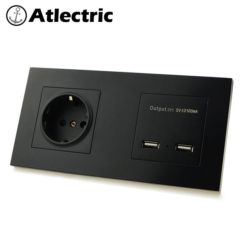 Atlectric EU Standaard Plug Dubbele Socket Dual Usb-poort Opladen Power Stopcontact Plastic Panel Stopcontact