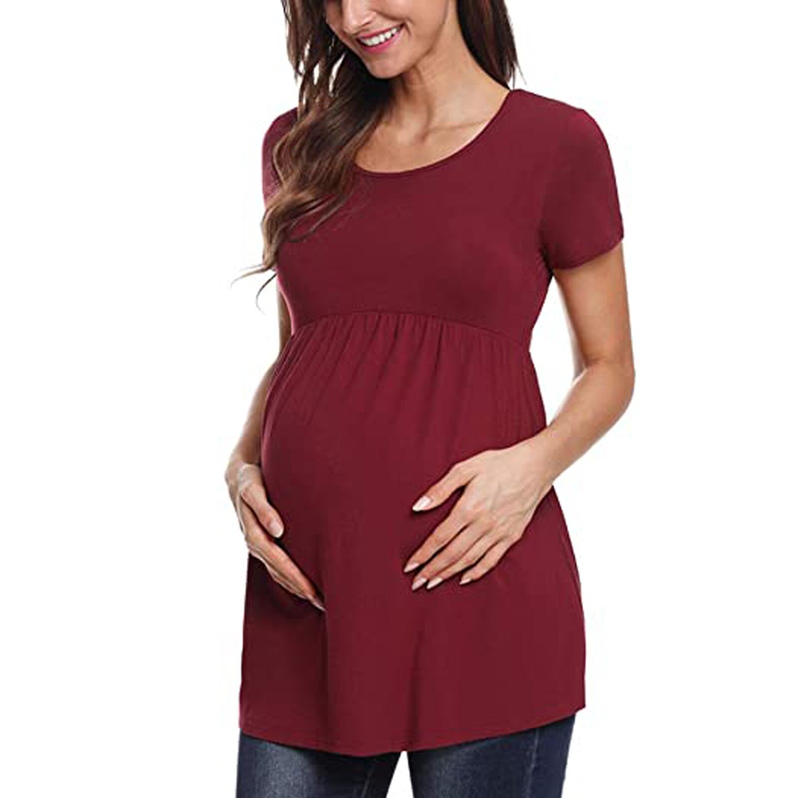 Camiseta de manga corta de maternidad para mujer, Tops de poliéster con cuello redondo de Color sólido, ropa de embarazo, ropa de embarazada de verano