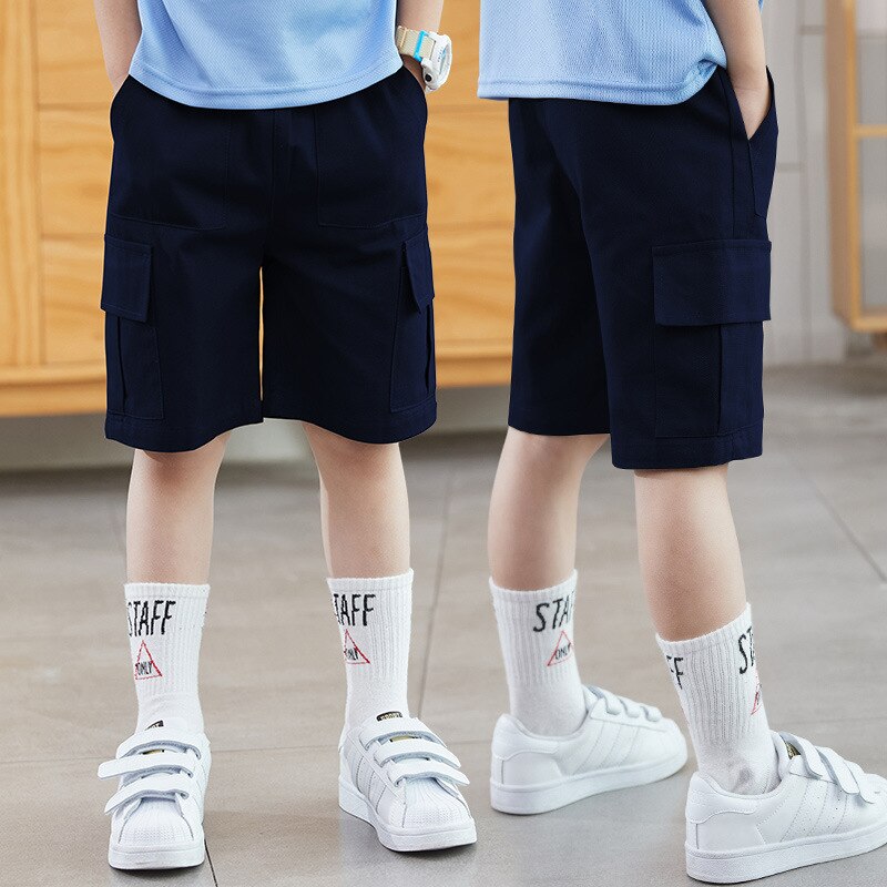 Pantalon Cargo décontracté en coton pour garçon, avec poches, couleur unie, taille élastique, longueur aux genoux, été 2022