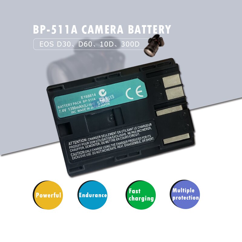 1390mAh BP-511A For Canon Camera Rechargeable Battery 7.4V EOS D30 D60 10D 300D 20D 30D 40D 50D PowerShot G1 G2 G3 MV600i Pro1