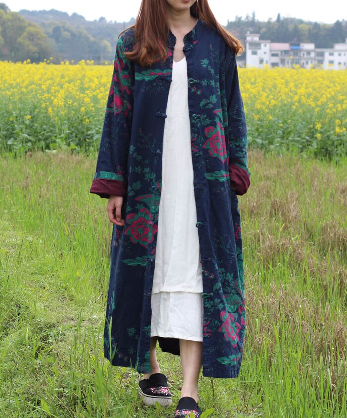 Vinter kvinder vintage broderi blomster trenchcoats kvindelige single breasted linned bomuldsfrakker: Blå