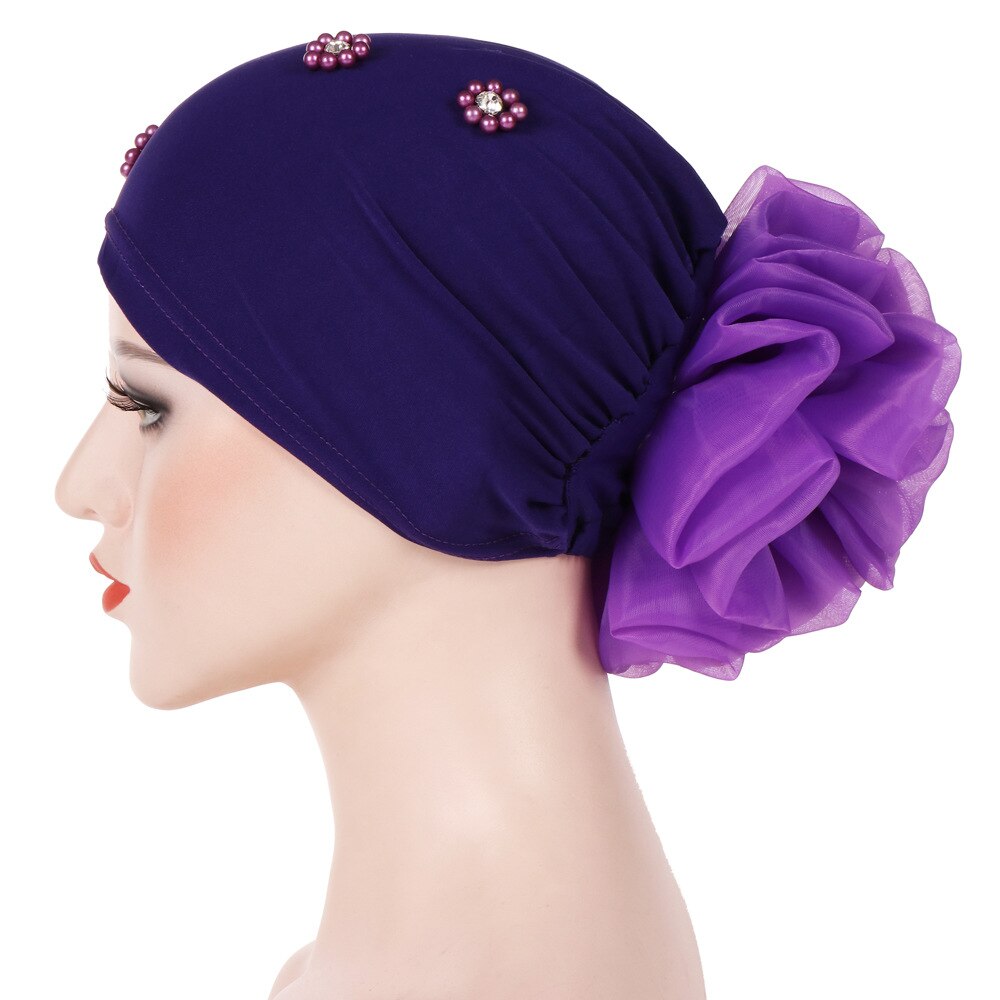 Braid Faux Pearl Muslim Women Turban Hat Solid Color Cap Hijab Headwrap