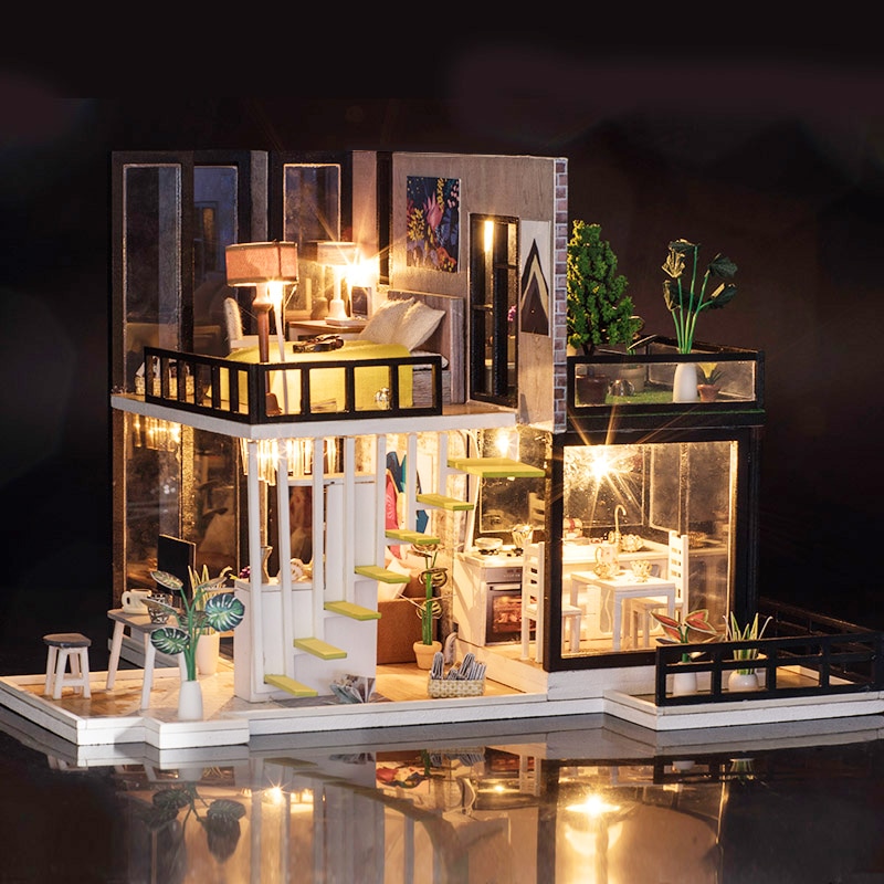 Handgemachte Puppe Haus mit Möbel Miniatur Diy Puppe HäNutzer Miniatur Puppenhaus Küche Holz Spielzeug Für freundlicher Geburtstag