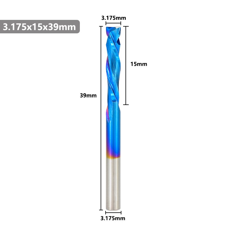 Up Down Cutter 2 Flute End Mill Nano Blue Coating 3.175mm Shank Spiral Router Bit For Compression Tool Tungsten Carbide Cutter: 3.175x15x39