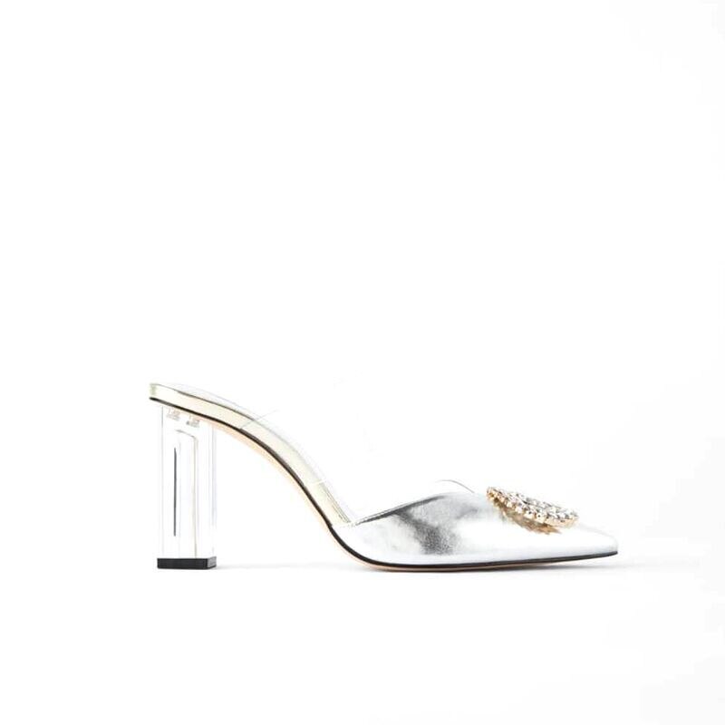 Summer Sandals for Women with Pointed V Shallow Chunky heel Transparent Belt With Crystal buckle Slingbacks